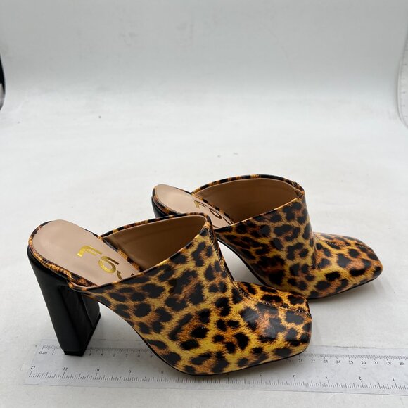FSJ Women Closed Squared Toe Mules Slip On Chunky Mid High Heels Leopard Shoes - Picture 4 of 8